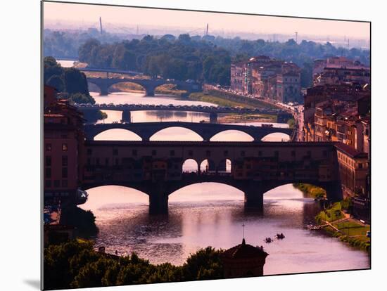 Florence, Florence Province, Tuscany, Italy. View to bridges across Arno river. Ponte Vecchio in...-null-Mounted Photographic Print