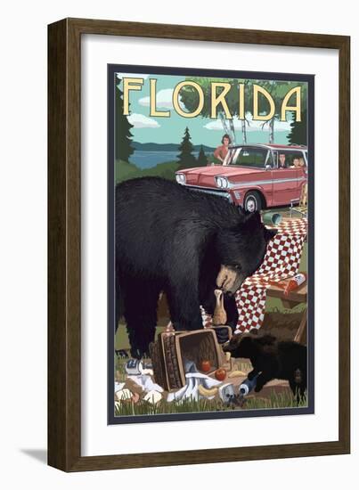 Florida - Bear and Picnic Scene-Lantern Press-Framed Art Print