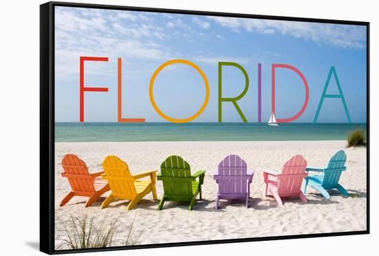 Florida - Colorful Beach Chairs-Lantern Press-Framed Stretched Canvas