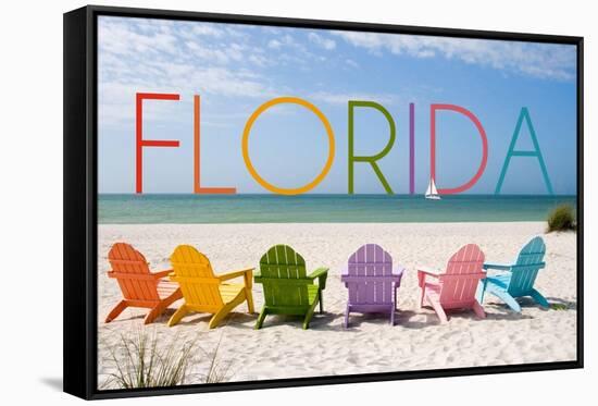 Florida - Colorful Beach Chairs-Lantern Press-Framed Stretched Canvas