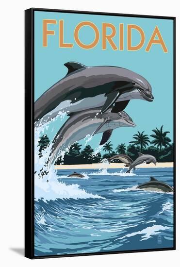 Florida - Dolphins Jumping-Lantern Press-Framed Stretched Canvas