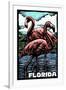 Florida - Flamingo - Scratchboard-Lantern Press-Framed Art Print