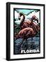 Florida - Flamingo - Scratchboard-Lantern Press-Framed Art Print