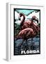 Florida - Flamingo - Scratchboard-Lantern Press-Framed Art Print