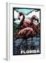 Florida - Flamingo - Scratchboard-Lantern Press-Framed Art Print