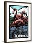 Florida - Flamingo - Scratchboard-Lantern Press-Framed Art Print