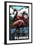 Florida - Flamingo - Scratchboard-Lantern Press-Framed Art Print