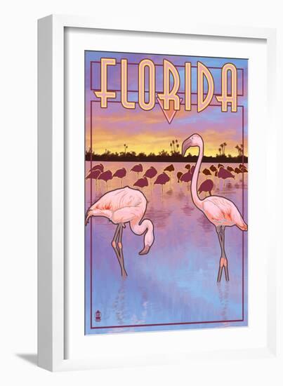 Florida, Flamingos Scene-Lantern Press-Framed Art Print