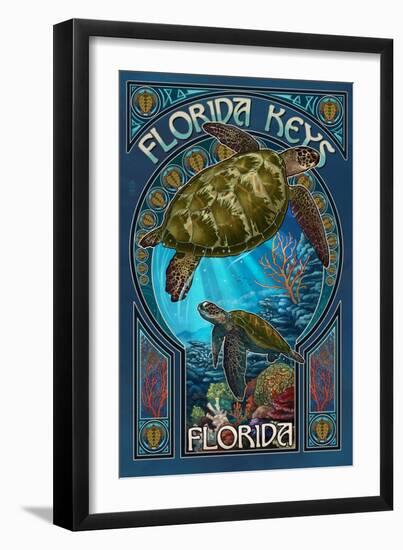 Florida Keys - Sea Turtle Art Nouveau-Lantern Press-Framed Art Print