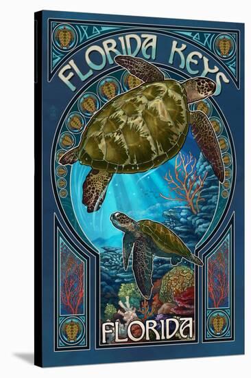 Florida Keys - Sea Turtle Art Nouveau-Lantern Press-Stretched Canvas