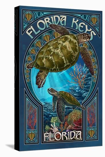 Florida Keys - Sea Turtle Art Nouveau-Lantern Press-Stretched Canvas