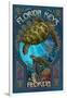 Florida Keys - Sea Turtle Art Nouveau-Lantern Press-Framed Art Print