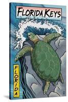 Florida Keys - Sea Turtle Woodblock Print-Lantern Press-Stretched Canvas