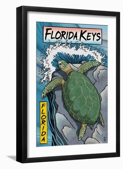 Florida Keys - Sea Turtle Woodblock Print-Lantern Press-Framed Art Print