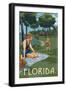 Florida - Lake and Picnic Scene-Lantern Press-Framed Art Print