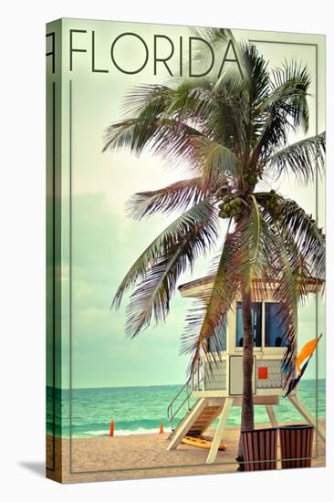 Florida - Lifeguard Shack and Palm-Lantern Press-Stretched Canvas