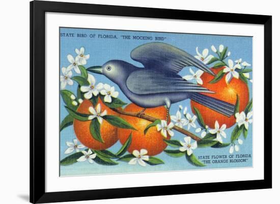 Florida - Mockingbird and Orange Blossoms, State Bird and Flower-Lantern Press-Framed Art Print