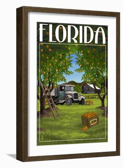 Florida - Orange Grove with Truck-Lantern Press-Framed Art Print