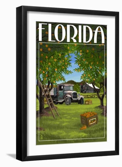 Florida - Orange Grove with Truck-Lantern Press-Framed Art Print