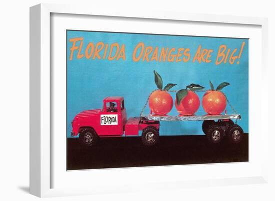 Florida Oranges Are Big, Three Oranges on Toy Flatbed-null-Framed Art Print