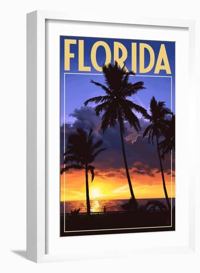 Florida - Palms and Sunset-Lantern Press-Framed Art Print