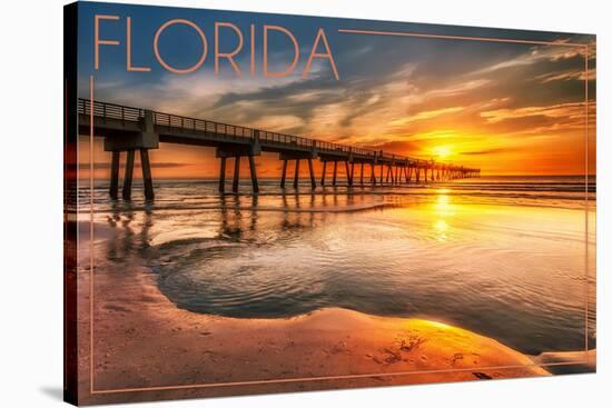 Florida - Pier and Sunset-Lantern Press-Stretched Canvas