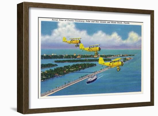 Florida - Planes Flying over Causeway, Miami Beach-Lantern Press-Framed Art Print