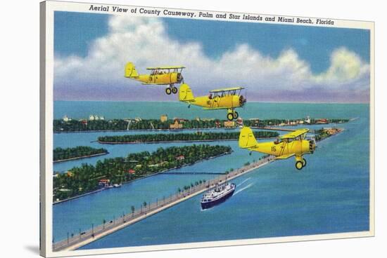 Florida - Planes Flying over Causeway, Miami Beach-Lantern Press-Stretched Canvas