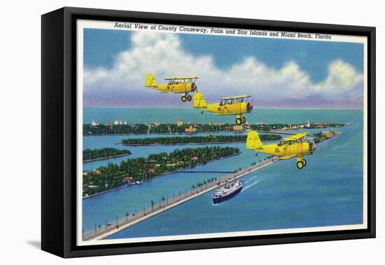 Florida - Planes Flying over Causeway, Miami Beach-Lantern Press-Framed Stretched Canvas
