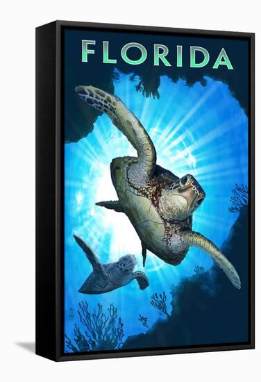 Florida - Sea Turtle Diving-Lantern Press-Framed Stretched Canvas