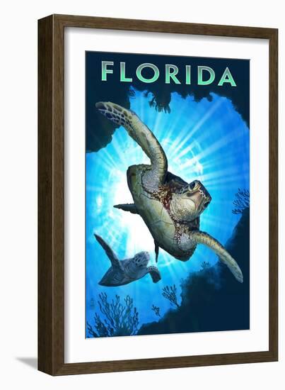 Florida - Sea Turtle Diving-Lantern Press-Framed Art Print