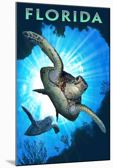Florida - Sea Turtle Diving-Lantern Press-Mounted Art Print