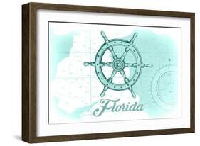 Florida - Ship Wheel - Teal - Coastal Icon-Lantern Press-Framed Art Print