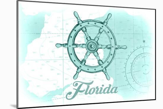 Florida - Ship Wheel - Teal - Coastal Icon-Lantern Press-Mounted Art Print