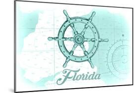 Florida - Ship Wheel - Teal - Coastal Icon-Lantern Press-Mounted Art Print