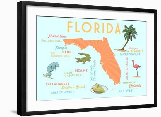 Florida - Typography and Icons-Lantern Press-Framed Art Print