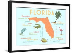 Florida - Typography and Icons-Lantern Press-Framed Art Print