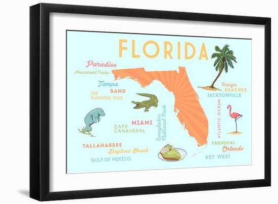 Florida - Typography and Icons-Lantern Press-Framed Art Print