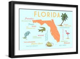 Florida - Typography and Icons-Lantern Press-Framed Art Print