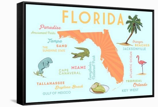 Florida - Typography and Icons-Lantern Press-Framed Stretched Canvas