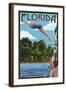 Florida - Woman Diving and Lake-Lantern Press-Framed Art Print