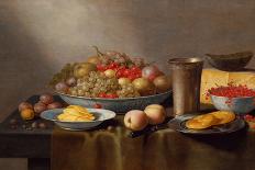 Redcurrants, Wild Strawberries and Plums in Wanli Kraak Porselein Bowls, a Bread Roll on a Pewter…-Floris van Schooten-Laminated Giclee Print