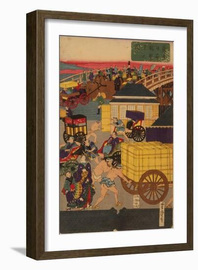 Flourishing Nihonbashi Section of Tokyo, (Tokyo Nihonbashi Han Ei No Z) Triptych-Utagawa Yoshitora-Framed Giclee Print