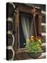 Flower Basket Outside Window of Log Cabin, Fort Boonesborough, Kentucky, USA-Dennis Flaherty-Stretched Canvas