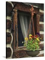 Flower Basket Outside Window of Log Cabin, Fort Boonesborough, Kentucky, USA-Dennis Flaherty-Stretched Canvas