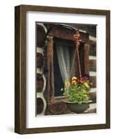 Flower Basket Outside Window of Log Cabin, Fort Boonesborough, Kentucky, USA-Dennis Flaherty-Framed Photographic Print