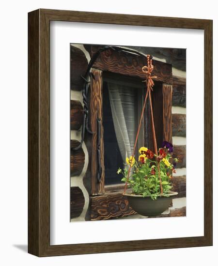 Flower Basket Outside Window of Log Cabin, Fort Boonesborough, Kentucky, USA-Dennis Flaherty-Framed Photographic Print