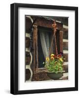 Flower Basket Outside Window of Log Cabin, Fort Boonesborough, Kentucky, USA-Dennis Flaherty-Framed Photographic Print