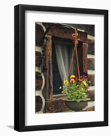 Flower Basket Outside Window of Log Cabin, Fort Boonesborough, Kentucky, USA-Dennis Flaherty-Framed Photographic Print