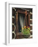 Flower Basket Outside Window of Log Cabin, Fort Boonesborough, Kentucky, USA-Dennis Flaherty-Framed Photographic Print